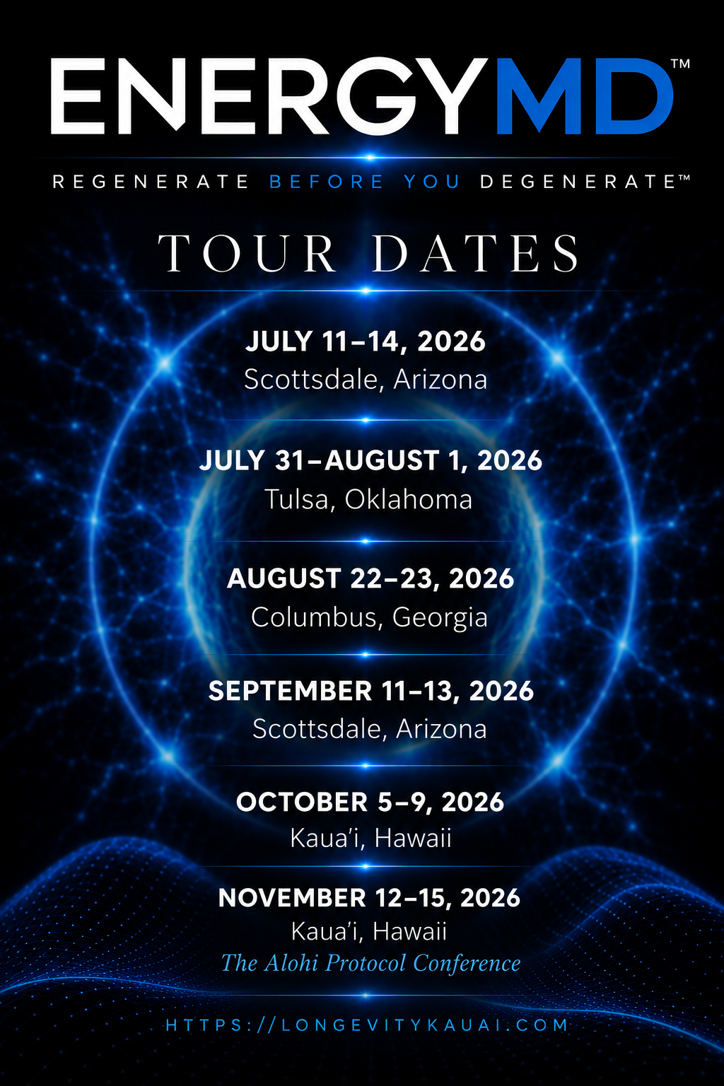 EnergyMD 2026 tour dates: July 11 through 14 in Scottsdale, Arizona; July 31 through August 1 in Tulsa, Oklahoma; August 22 through 23 in Columbus, Georgia; September 11 through 13 in Scottsdale, Arizona; October 5 through 9 in Kauai, Hawaii; and November 12 through 15 in Kauai, Hawaii for The Alohi Protocol Conference.